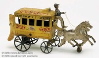 cast iron toy omnibus with driver and prancing horse